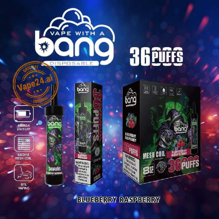 Bang 36000 Puffs Disposable Vape Pen featuring Blueberry Raspberry flavor, showcasing packaging and device in vibrant design.