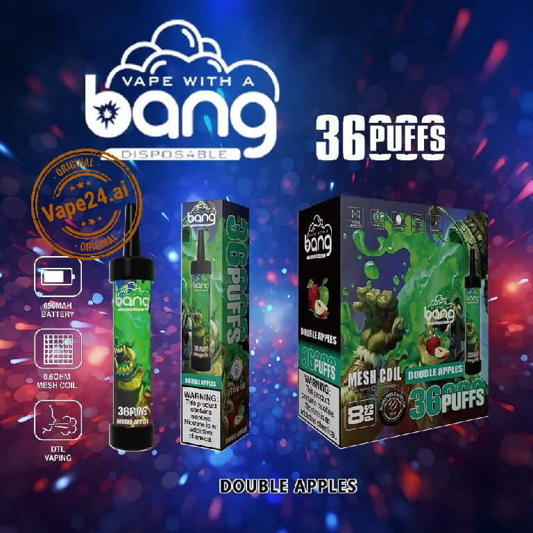 Bang 36000 Puffs Disposable Vape Pen showcasing Double Apples flavor with stylish packaging and advanced mesh coil technology.