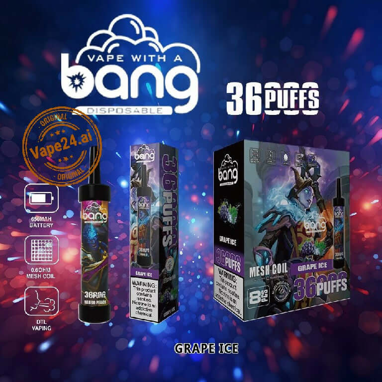 Bang disposable vape pen showcasing Grape Ice flavor with 36 puffs, featuring mesh coil technology.