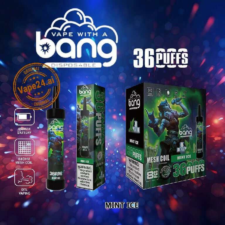 Bang 36000 Puffs Disposable Vape Pen in Mint Ice flavor, showcasing stylish design and packaging.