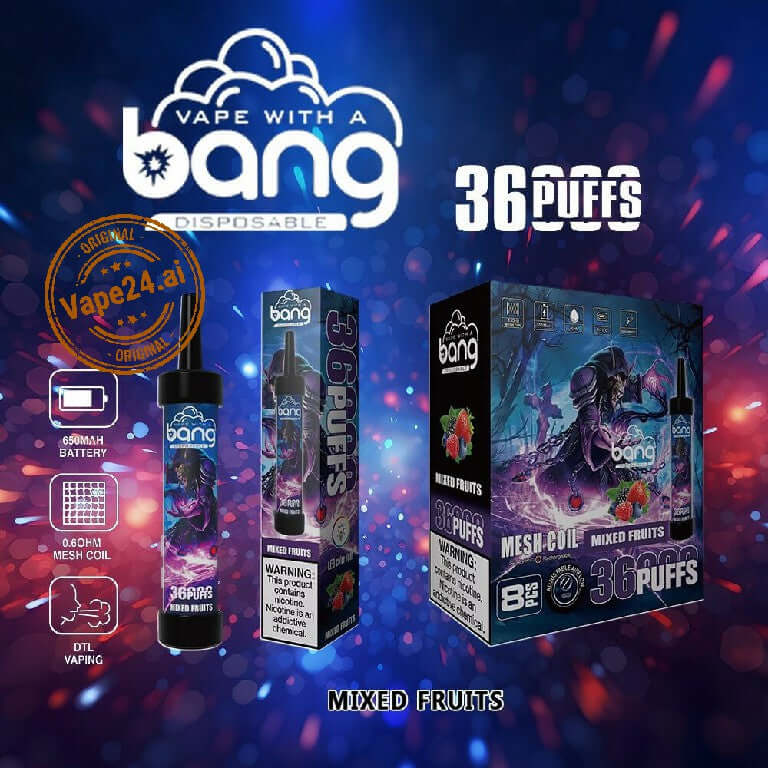 Bang 36000 Puffs Disposable Vape Pen packaging with mixed fruits flavor and branding.