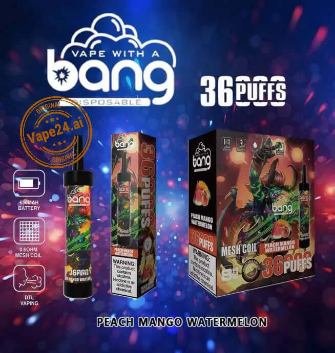 Bang 36000 Puffs Disposable Vape Pen featuring Peach Mango Watermelon flavor with stylish box design.