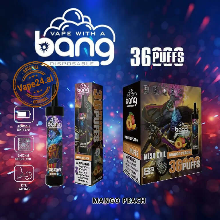 Bang Disposable Vape featuring 36 puffs in Mango Peach flavor with stylish packaging.