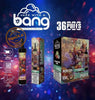 Bang Disposable Vape featuring 36 puffs, strawberry flavor, and mesh coil design with vibrant colors.