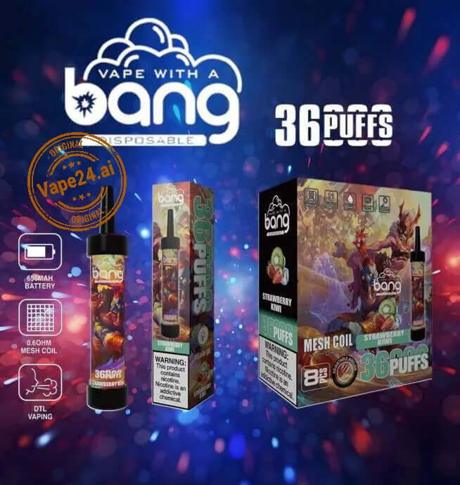 Bang Disposable Vape featuring 36 puffs, strawberry flavor, and mesh coil design with vibrant colors.