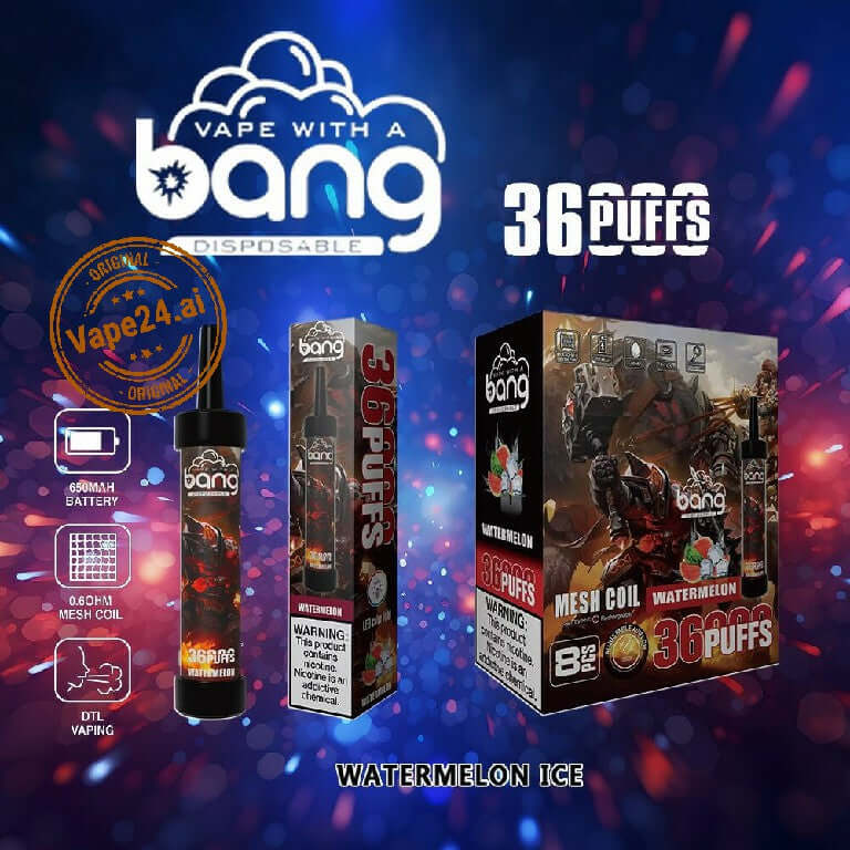 Bang 36 Puffs Disposable Vape Pen featuring Watermelon Ice flavor, high-performance with stylish design.