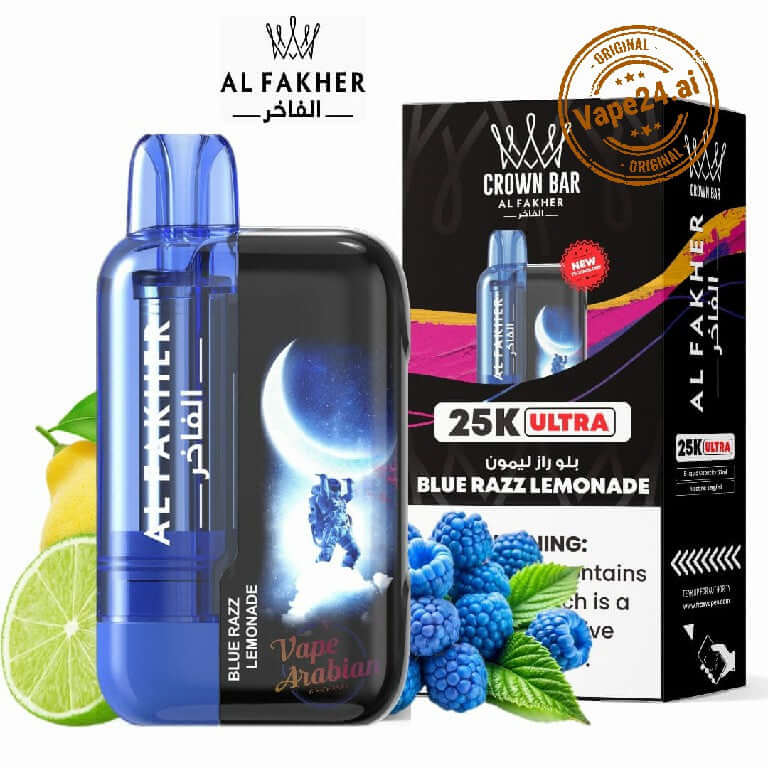 Al Fakher Ultra 25000 Puffs Disposable Vape Blue Razz Lemonade by Crown Bar, ideal for UAE vapers.