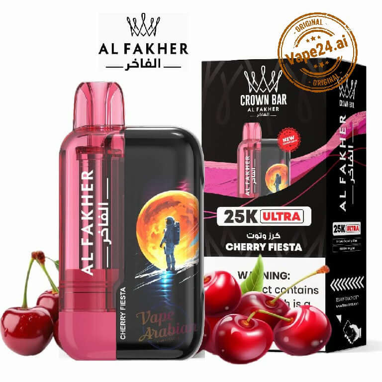 Al Fakher Ultra 25000 Puffs Disposable Vape by Crown Bar in Cherry Fiesta flavor, featuring vibrant packaging and cherries.
