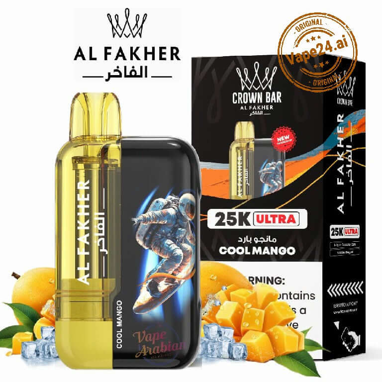 Al Fakher Ultra 25000 Puffs Disposable Vape Cool Mango flavor packaging with fruits, perfect for vapers in UAE.