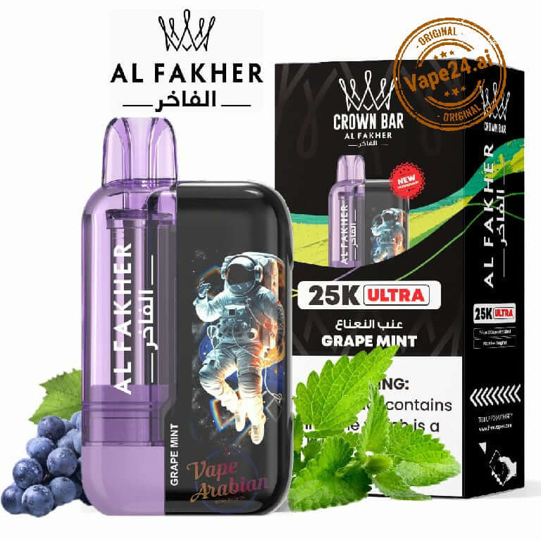 Al Fakher Ultra Disposable Vape in Grape Mint flavor with box, grapes, and mint leaves in UAE.