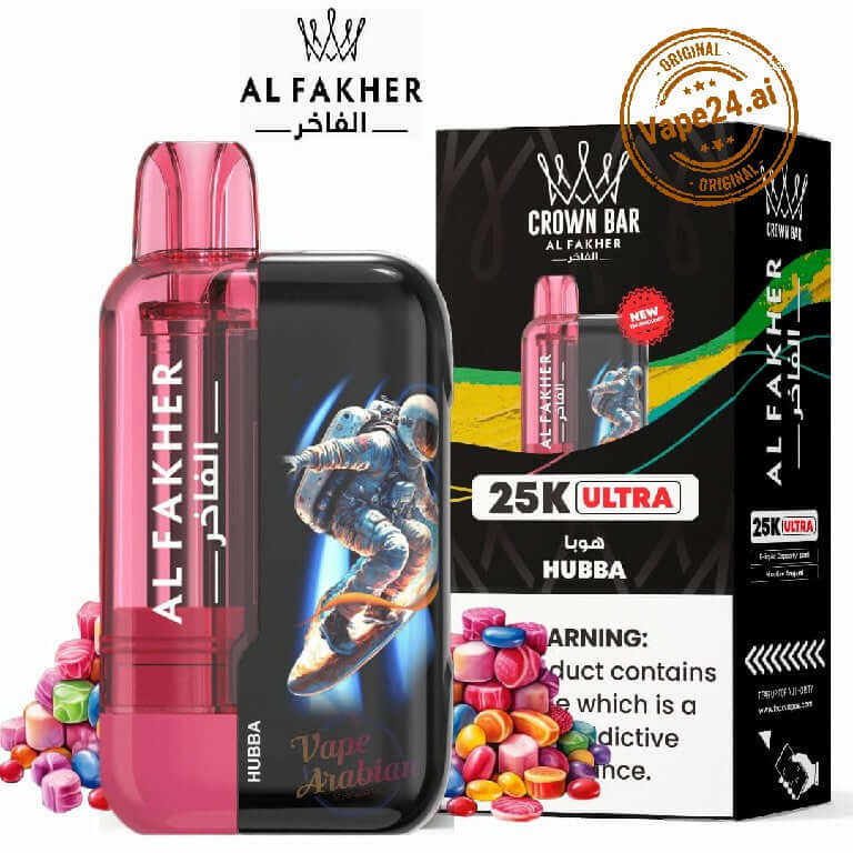 Al Fakher Ultra Disposable Vape by Crown Bar in Hubba flavor with colorful candy background.