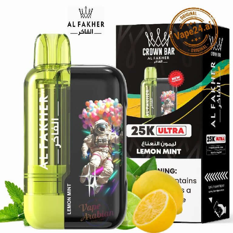 Al Fakher Ultra 25000 Puffs Disposable Vape in Lemon Mint flavor, with vibrant packaging and astronaut design.