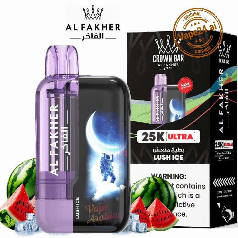 Al Fakher Ultra 25000 Puffs Disposable Vape by Crown Bar, Lush Ice flavor, for vapers in UAE.
