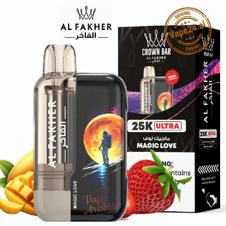 Al Fakher Ultra 25000 Puffs Disposable Vape by Crown Bar, featuring Magic Love flavor and vibrant packaging.