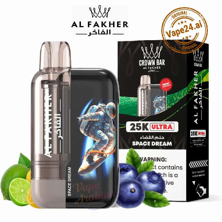 Al Fakher Ultra 25000 Puffs Disposable Vape by Crown Bar, featuring Space Dream flavor with berries and lime accents.