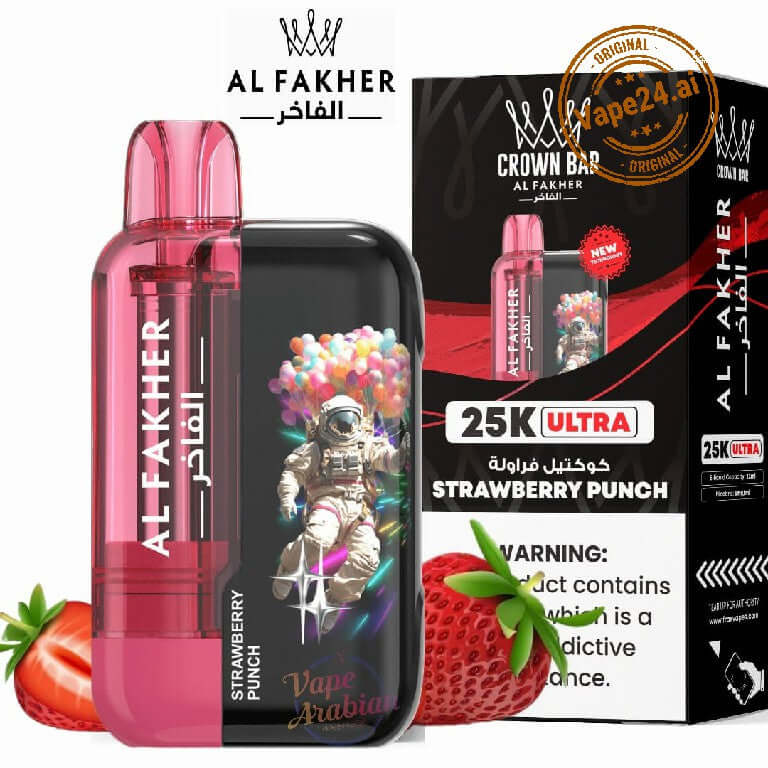Al Fakher Ultra 25000 Puffs Disposable Vape Strawberry Punch, featuring vibrant packaging and strawberries.