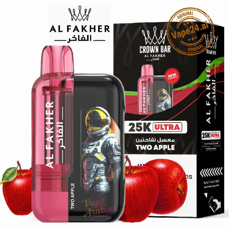 Al Fakher Ultra 25000 Puffs Disposable Vape by Crown Bar, Two Apple flavor, with apples in foreground, available in UAE.
