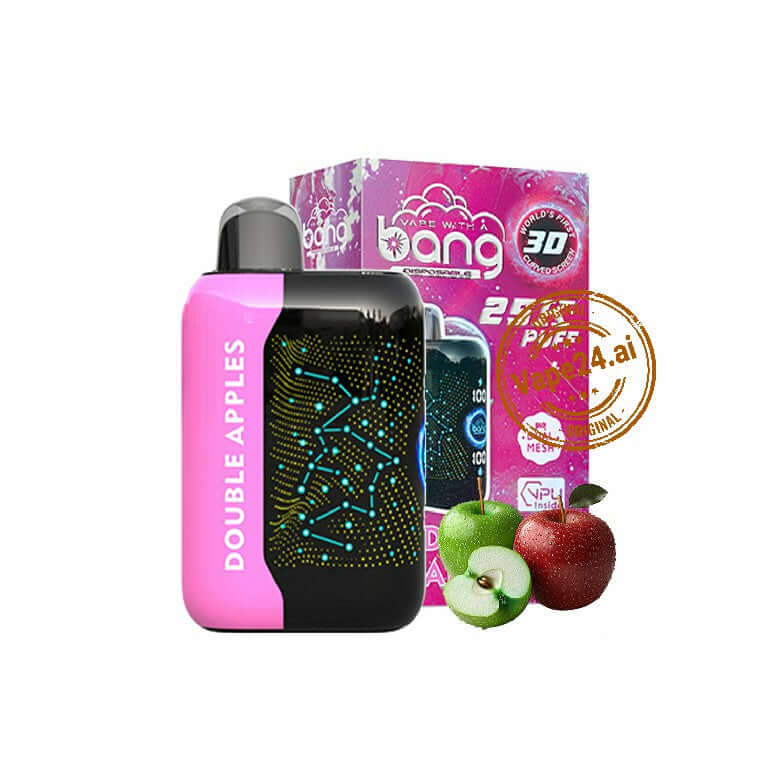 Bang Starry 25000 Puffs Disposable Vape in Double Apples flavor with green and red apples, box packaging included.