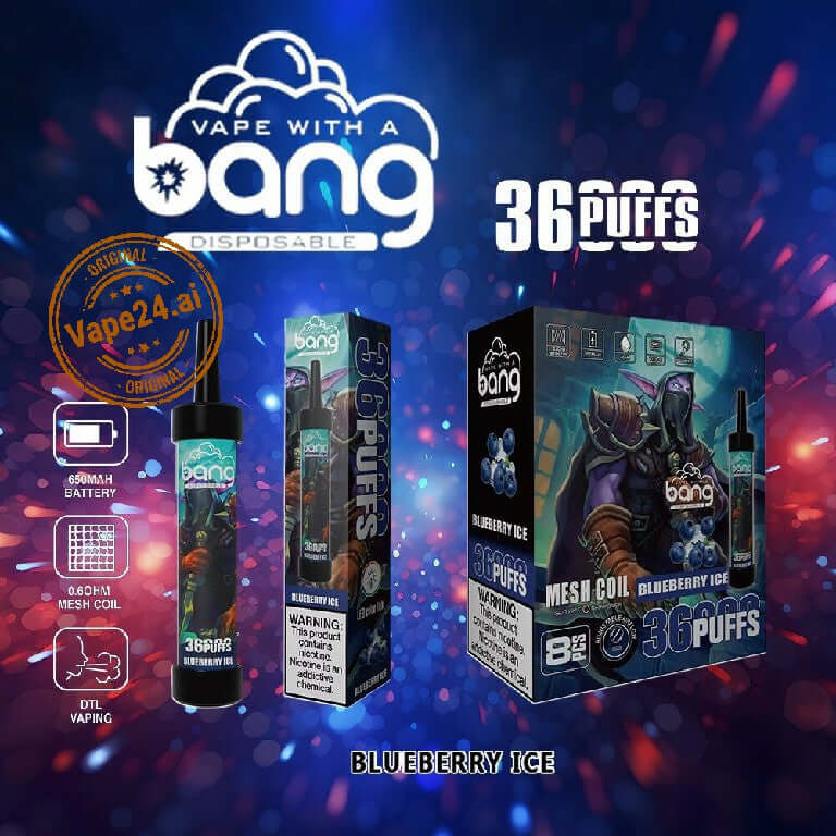 Bang 36 Puffs Disposable Vape Pen featuring Blueberry Ice flavor with stylish packaging and specifications.
