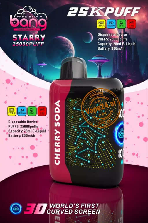 Bang Starry 25000 Puffs Disposable Vape in Cherry Soda flavor with 3D curved design and specifications.