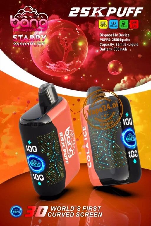 Bang Starry 25000 Puffs Disposable Vape with futuristic design and curved screen features.