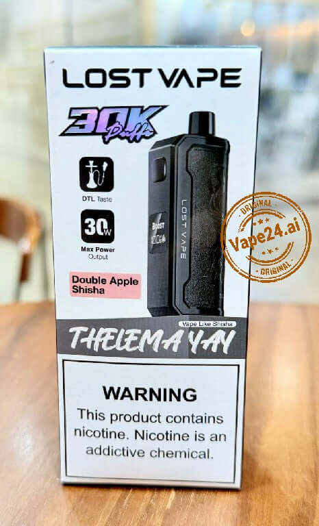 Lost Vape Thelema YAY 30K Puffs Disposable Vape packaging featuring Double Apple flavor in Dubai.