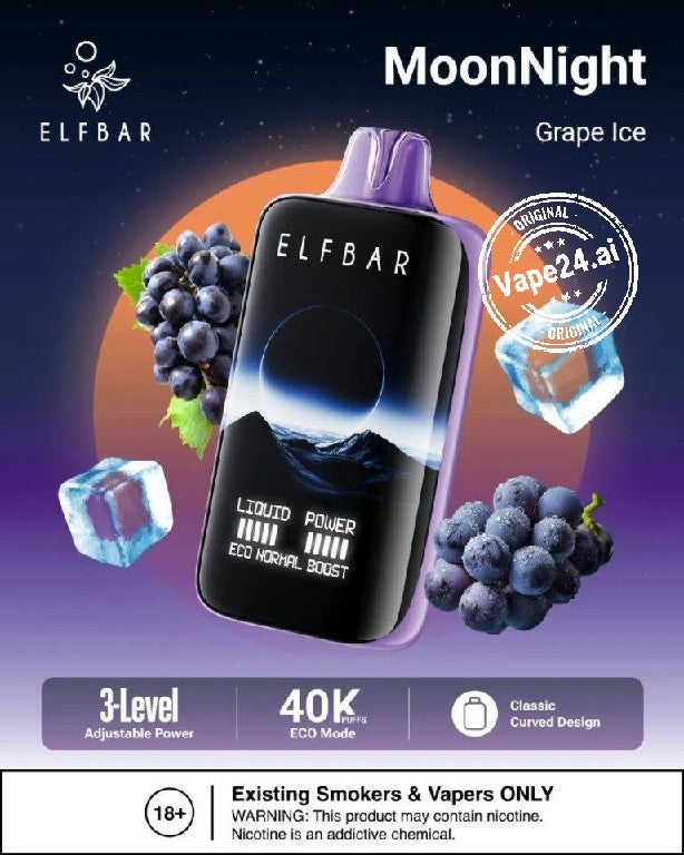 ELFBAR Moon Night disposable vape in Grape Ice flavor with 40,000 puffs and adjustable power features.