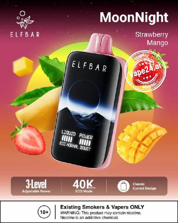 ELFBAR Moon Night Strawberry Mango Disposable Vape with 40K puffs, 3-level adjustable power, and eco mode.