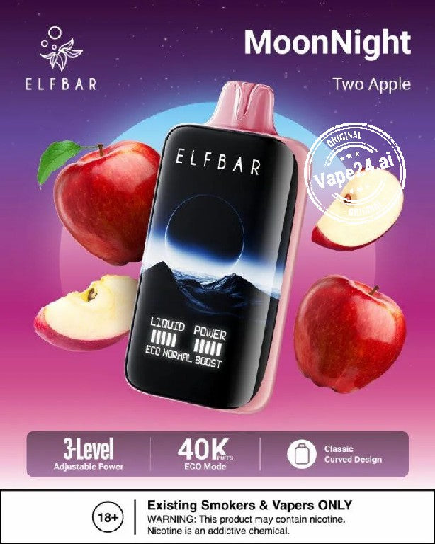 ELFBAR Moon Night Two Apple disposable vape, showcasing adjustable power features and eco mode, vibrant design with apples.