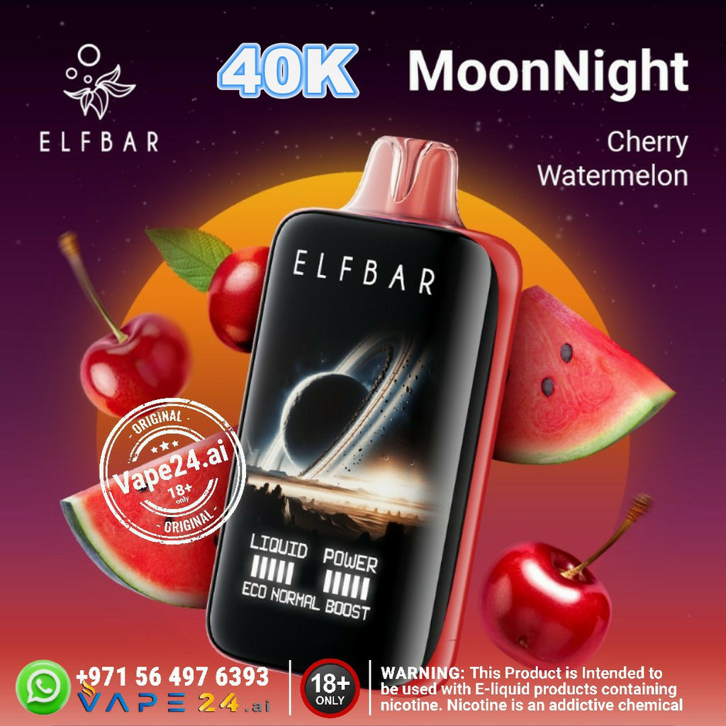 ELFBAR Moon Night disposable vape featuring Cherry Watermelon flavor, 40000 puffs, and sleek design.