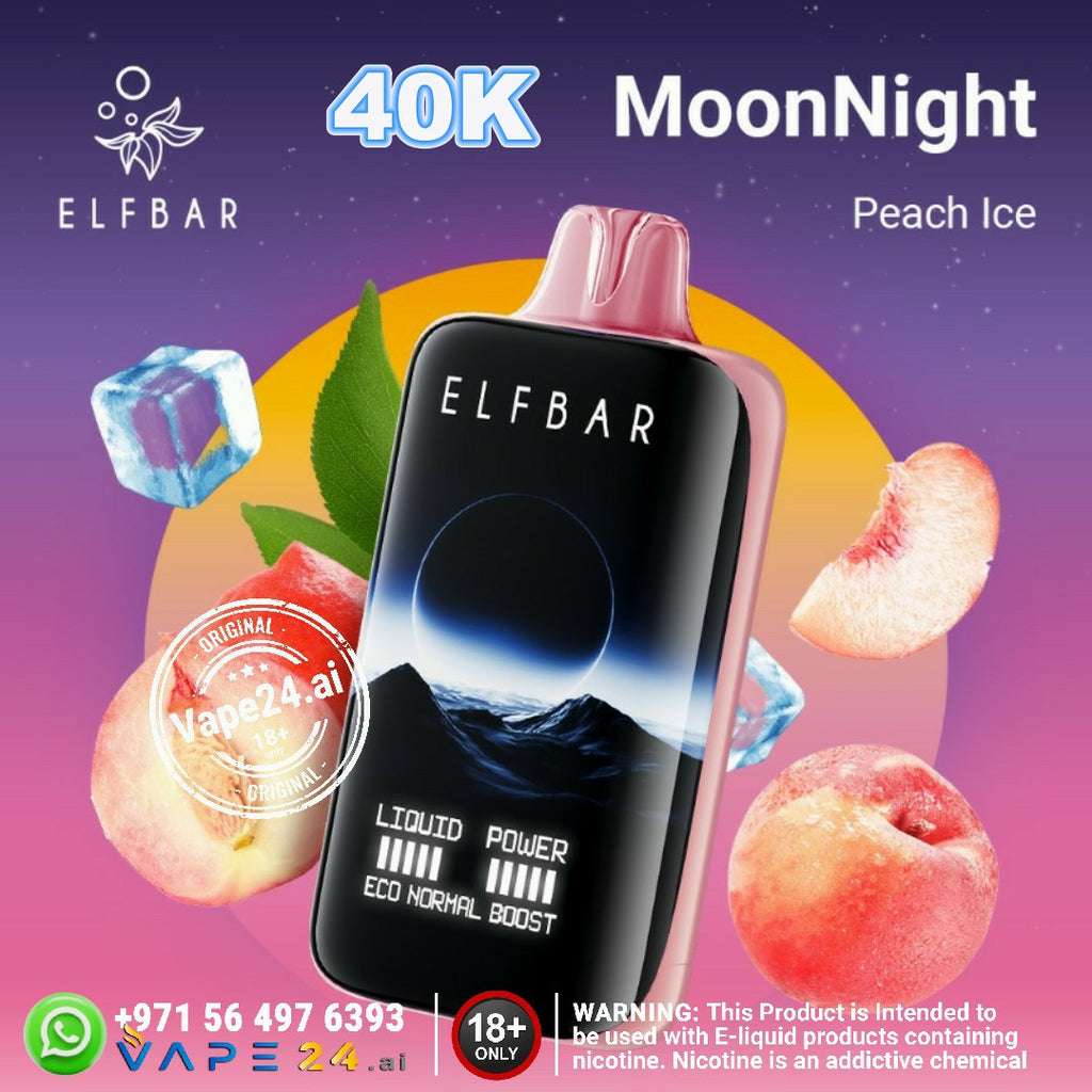 ELFBAR Moon Night 40000 Puffs Disposable Vape in Peach Ice flavor with ice cubes and a scenic background.