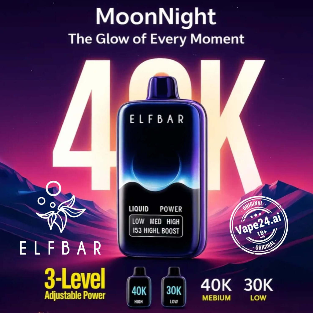 ELFBAR Moon Night 40000 Puffs disposable vape showcasing adjustable power levels and vibrant design.