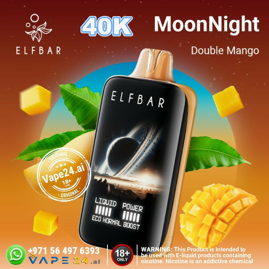 ELFBAR Moon Night 40000 Puffs Disposable Vape featuring Double Mango flavor with vibrant mango graphics.
