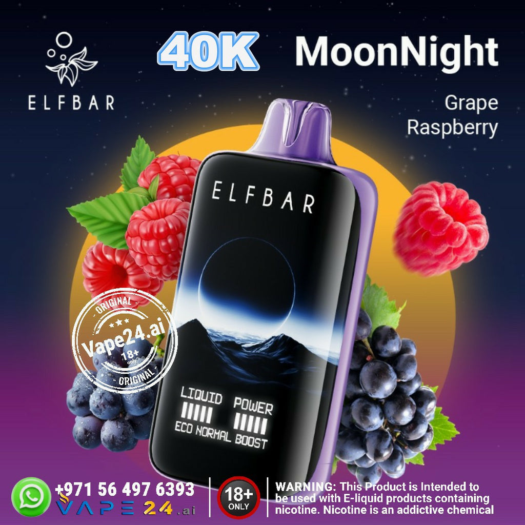 ELFBAR Moon Night disposable vape featuring grape and raspberry flavor, 40000 puffs, with eco normal boost technology.