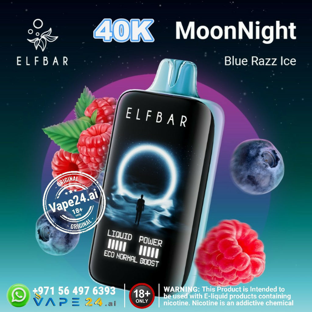 ELFBAR Moon Night 40000 Puffs Disposable Vape with Blue Razz Ice flavor featuring berries in a vibrant design.