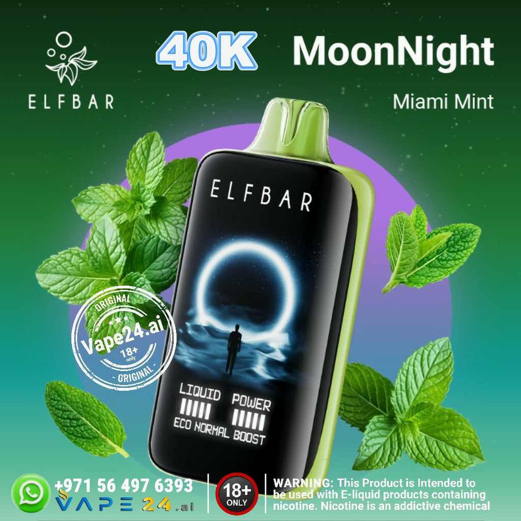 ELFBAR Moon Night 40000 Puffs Disposable Vape Miami Mint flavor with mint leaves backdrop.