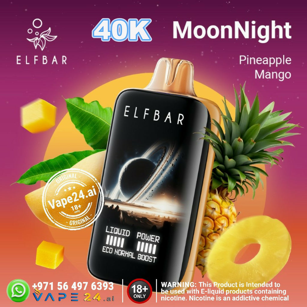 ELFBAR Moon Night 40K disposable vape with pineapple mango flavor, showcasing eco-friendly design and vibrant packaging.