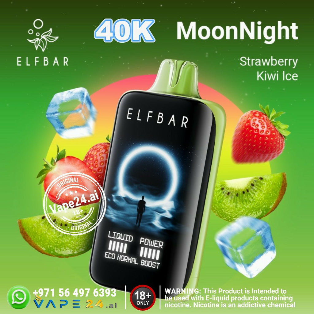 ELFBAR Moon Night disposable vape featuring strawberry and kiwi ice flavor, 40000 puffs, eco-friendly design.