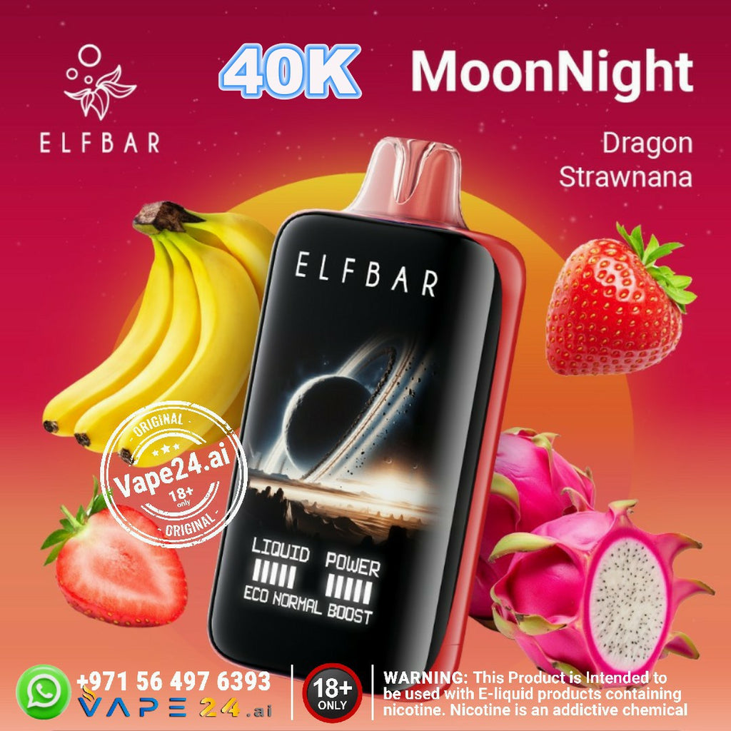 ELFBAR MoonNight 40000 Puffs disposable vape with Dragon StrawNana flavor and fruits background in Dubai.
