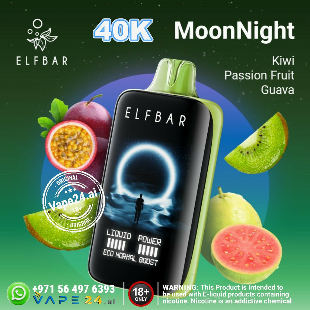 ELFBAR Moon Night Disposable Vape 40K Puffs with kiwi, passion fruit, and guava flavor on vibrant background.