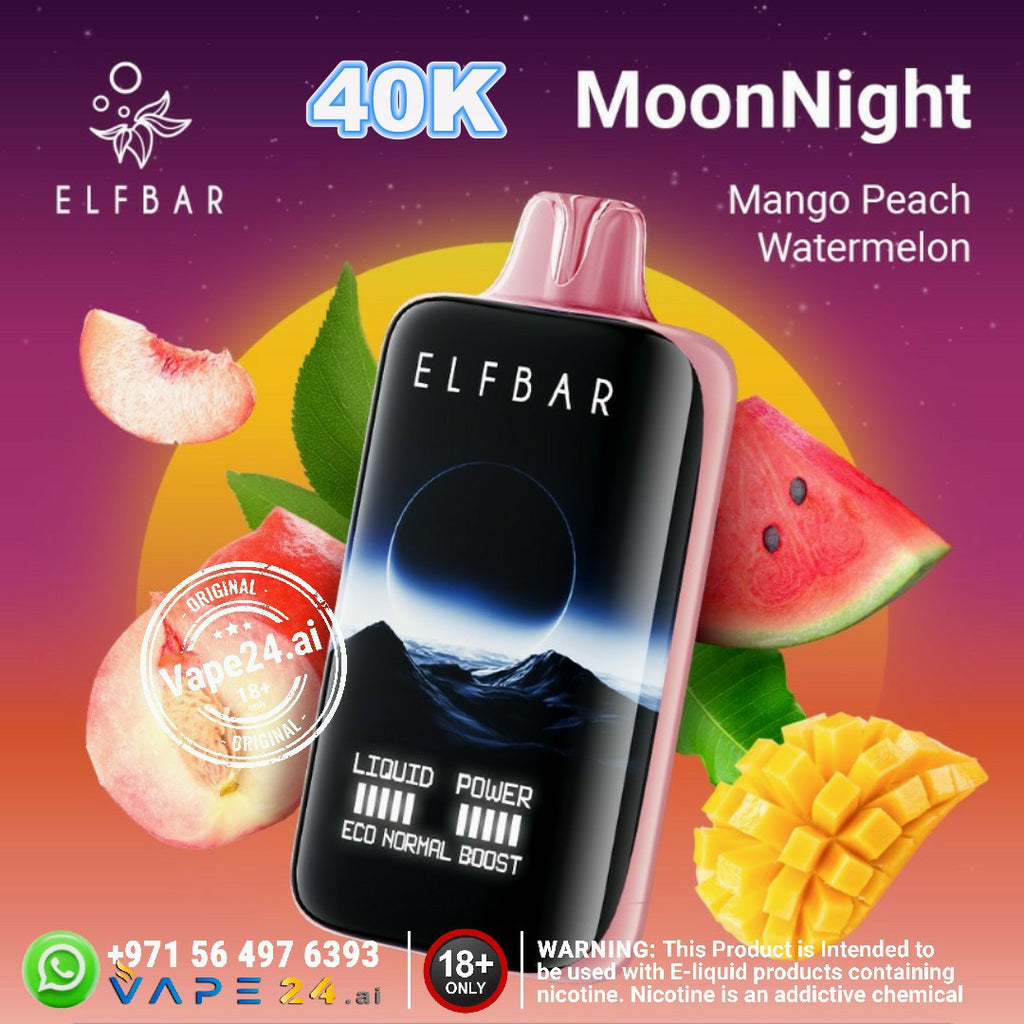 ELFBAR Moon Night disposable vape, 40000 puffs, mango peach watermelon flavor, vibrant design, UAE delivery.