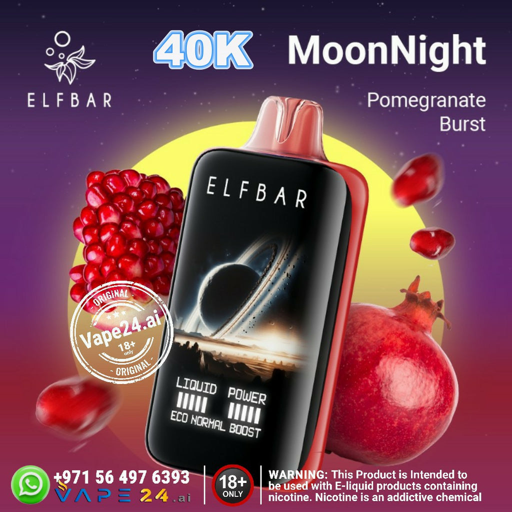 ELFBAR MoonNight 40000 Puffs Disposable Vape with Pomegranate Burst flavor and warning label, available in Dubai.