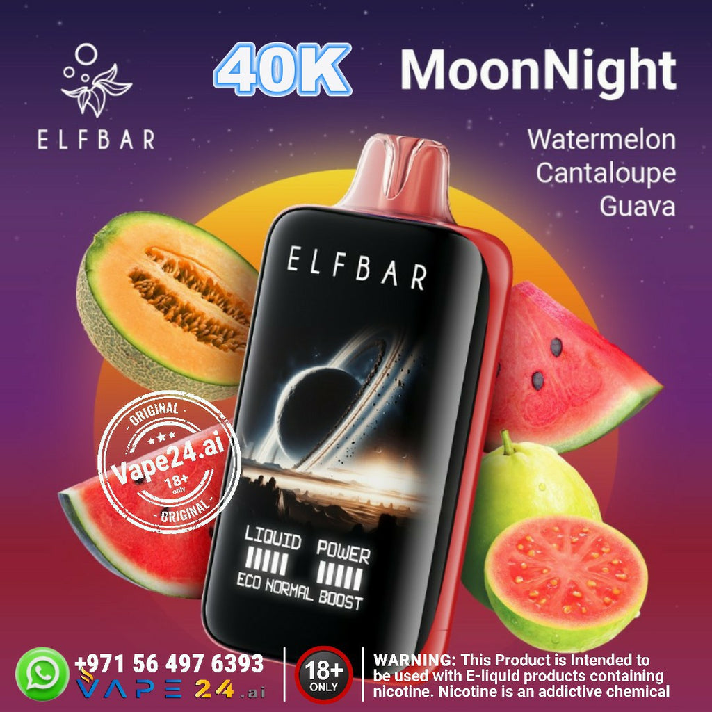 ELFBAR Moon Night Disposable Vape featuring Watermelon, Cantaloupe, and Guava flavors with 40000 puffs.
