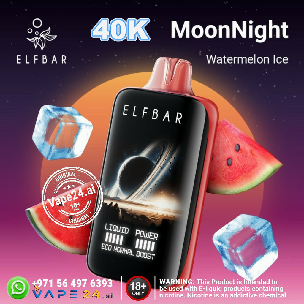 ELFBAR Moon Night 40K Disposable Vape featuring Watermelon Ice flavor with vibrant design and eco-friendly liquid power.