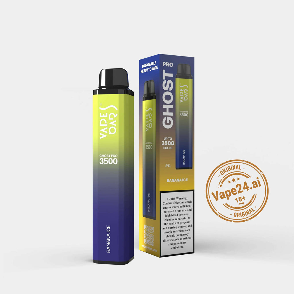 Vape Bar Ghost Pro 3500 Puffs in Banana Ice flavor with packaging displayed, available for purchase in UAE with express delivery options.