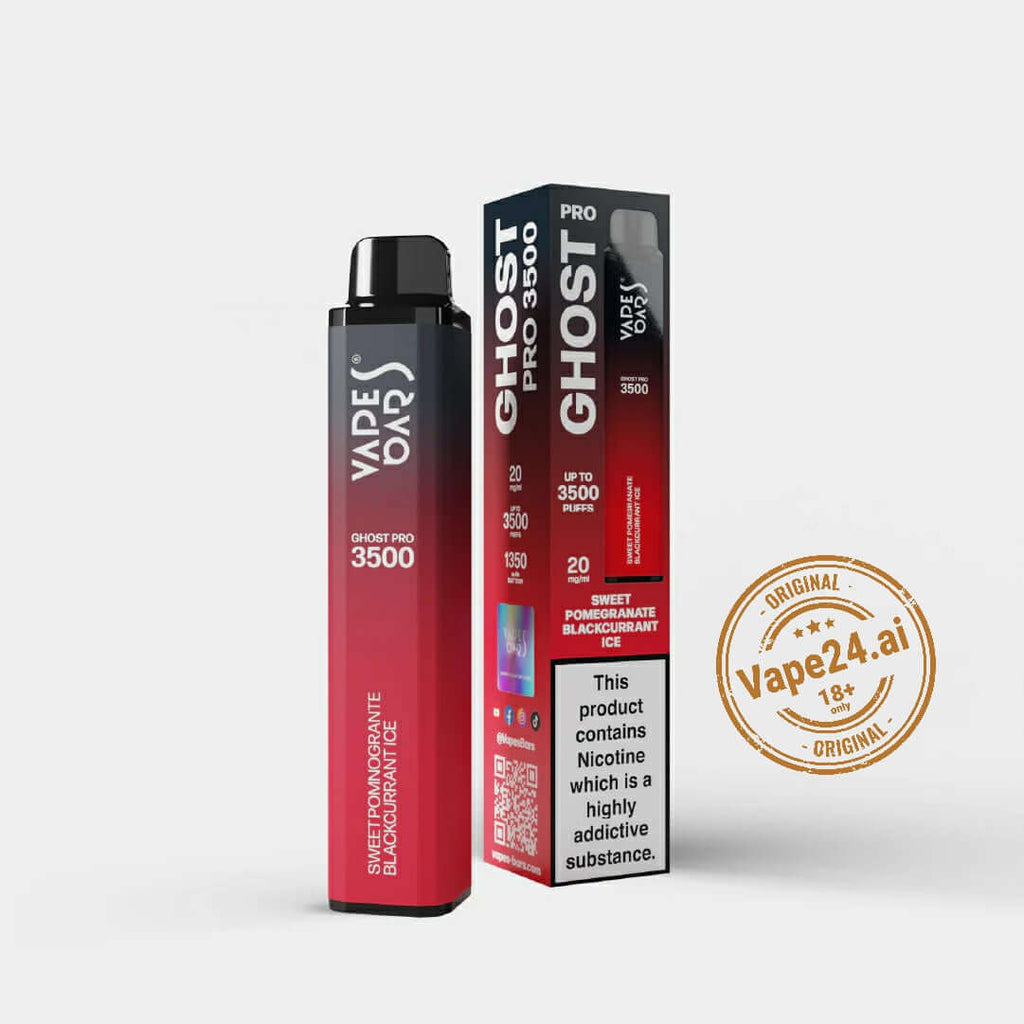 Vape Bar Ghost Pro 3500 Puffs disposable vape in pomegranate blackcurrant flavor with packaging, available at Vape24.ai