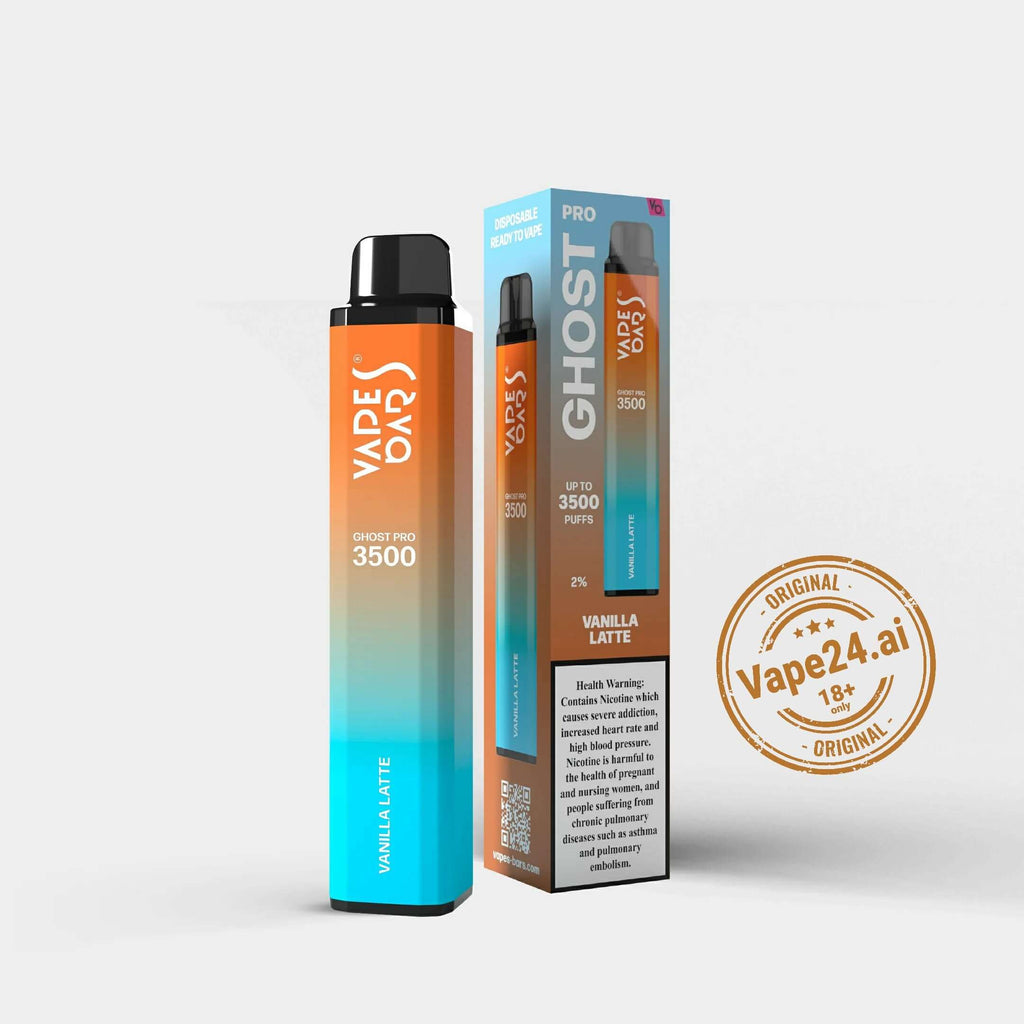 Vape Bar Ghost Pro 3500 Puffs Vanilla Latte flavor disposable vape with packaging, available for purchase online with same-day delivery in Dubai.