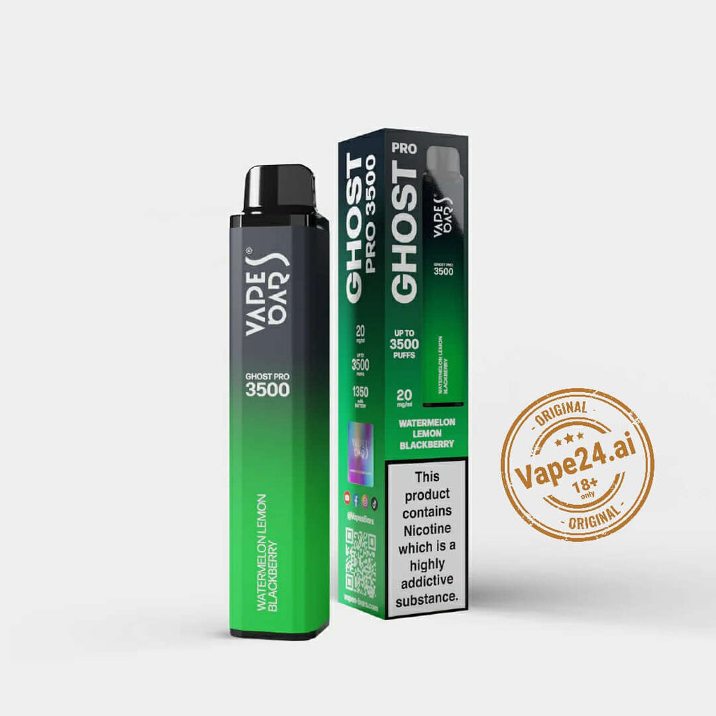 Vape Bar Ghost Pro 3500 Puffs in Watermelon Blackberry, sleek disposable vape with box, available for fast delivery in UAE.