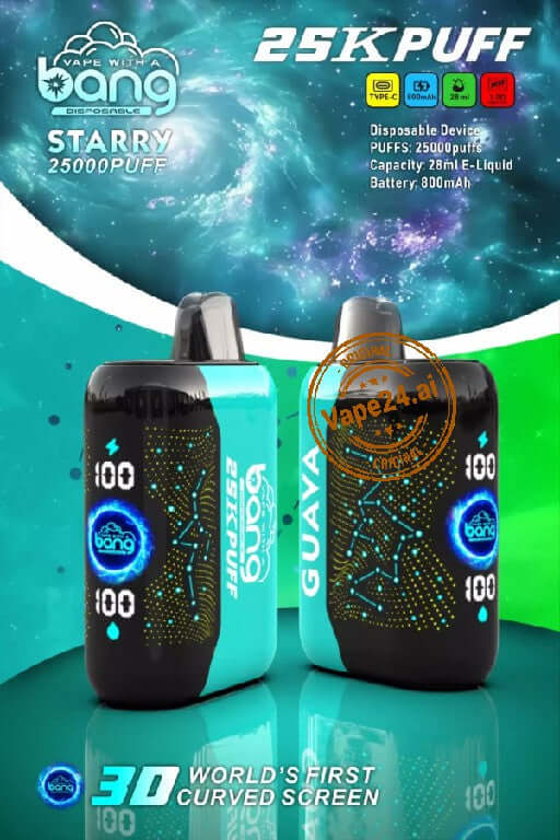 Bang Starry 25000 Puffs Disposable Vape featuring a futuristic design and curved screen.