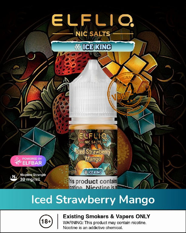 Elfliq Iced Strawberry Mango vape juice bottle with decorative background